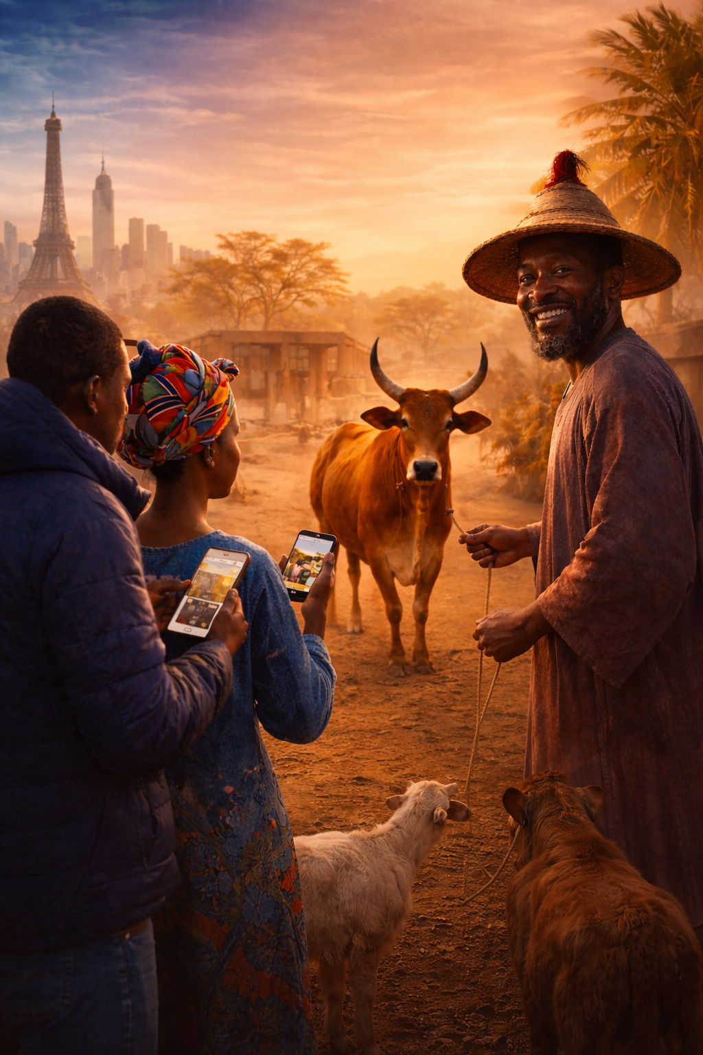 Young man in diaspora video-calling family and buying livestock through Garabaly