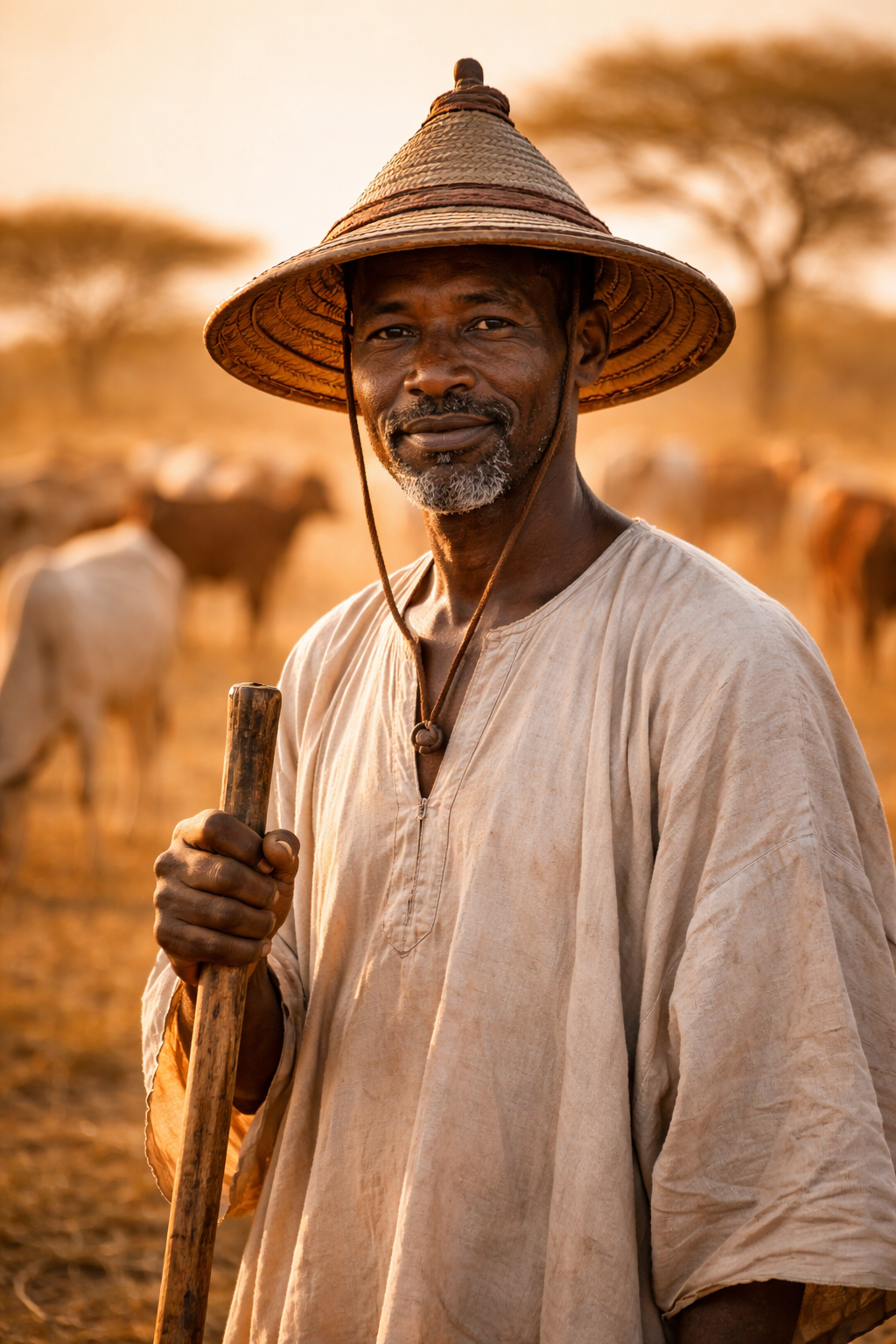 Fulani herder with cattle at golden hour in the Sahel