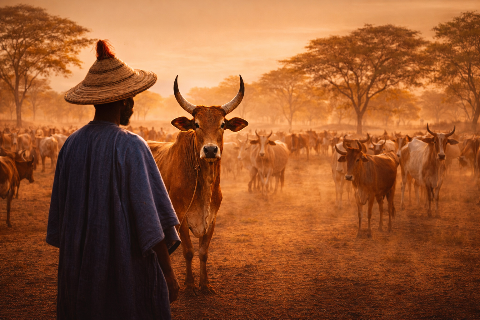 Fulani herder with Zebu cattle at golden hour in the West African Sahel